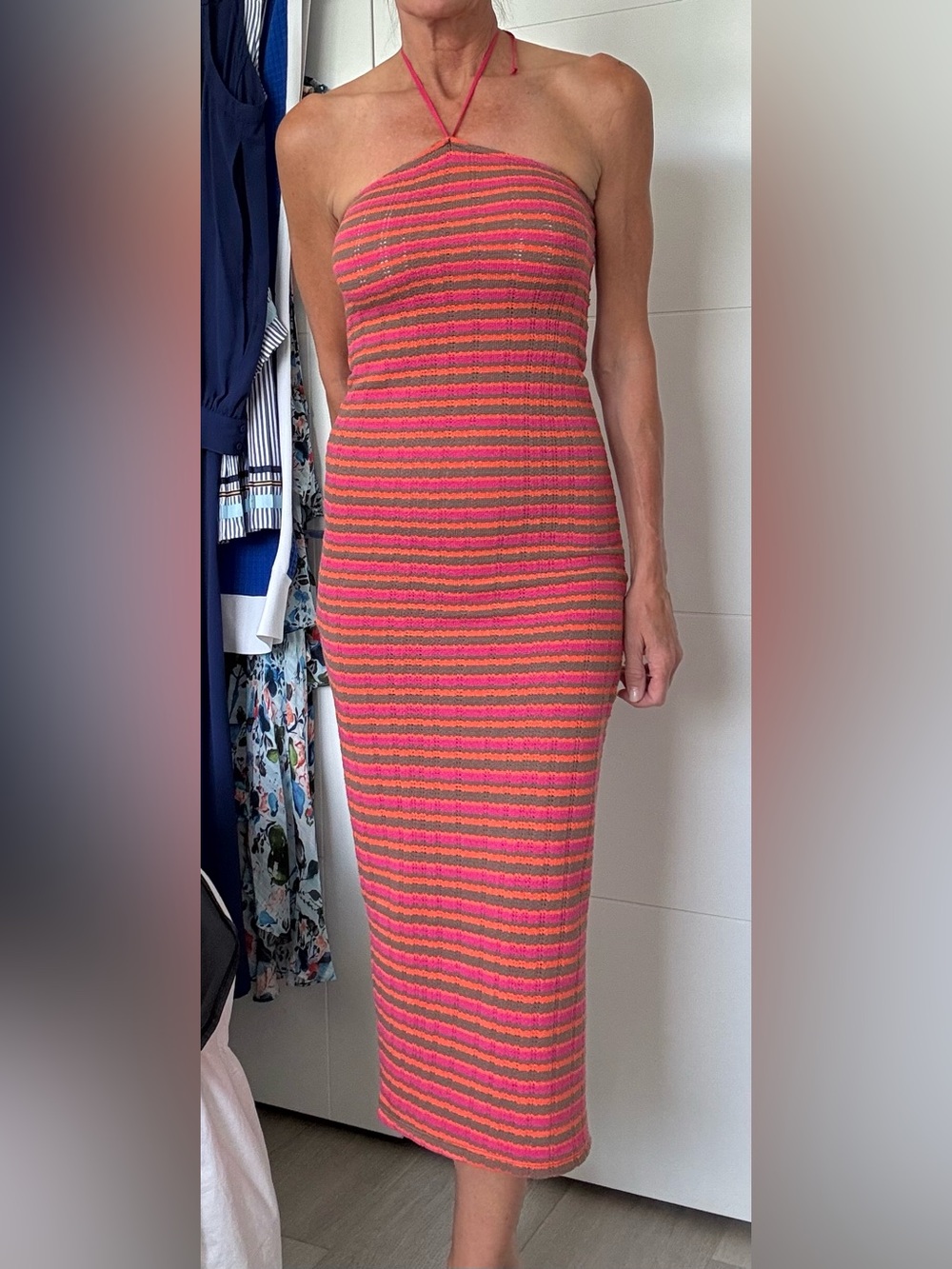 Zara Strapless Knit Maxi Dress in Red and Pink Stripes